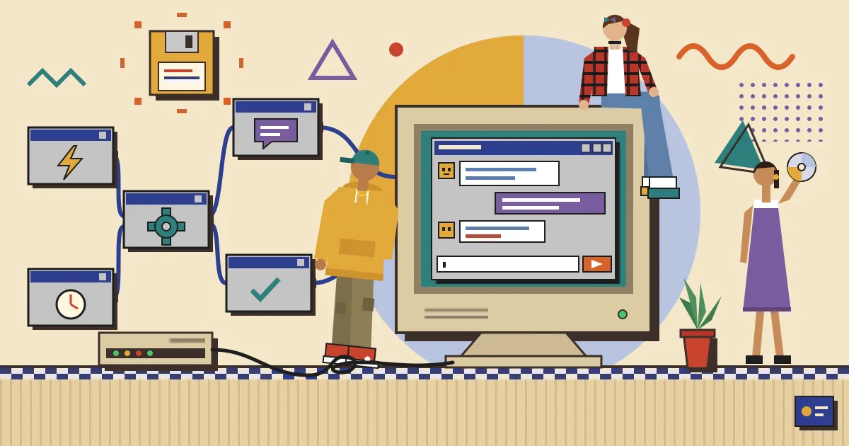 A flat illustration of an automation workflow made of connected nodes on the left flowing into a clean, friendly chat window on the right, where a small group