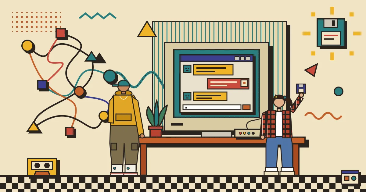 A flat-style illustration of a tangled network of automation nodes on the left flowing into a clean, friendly chat window on the right, where a person converses