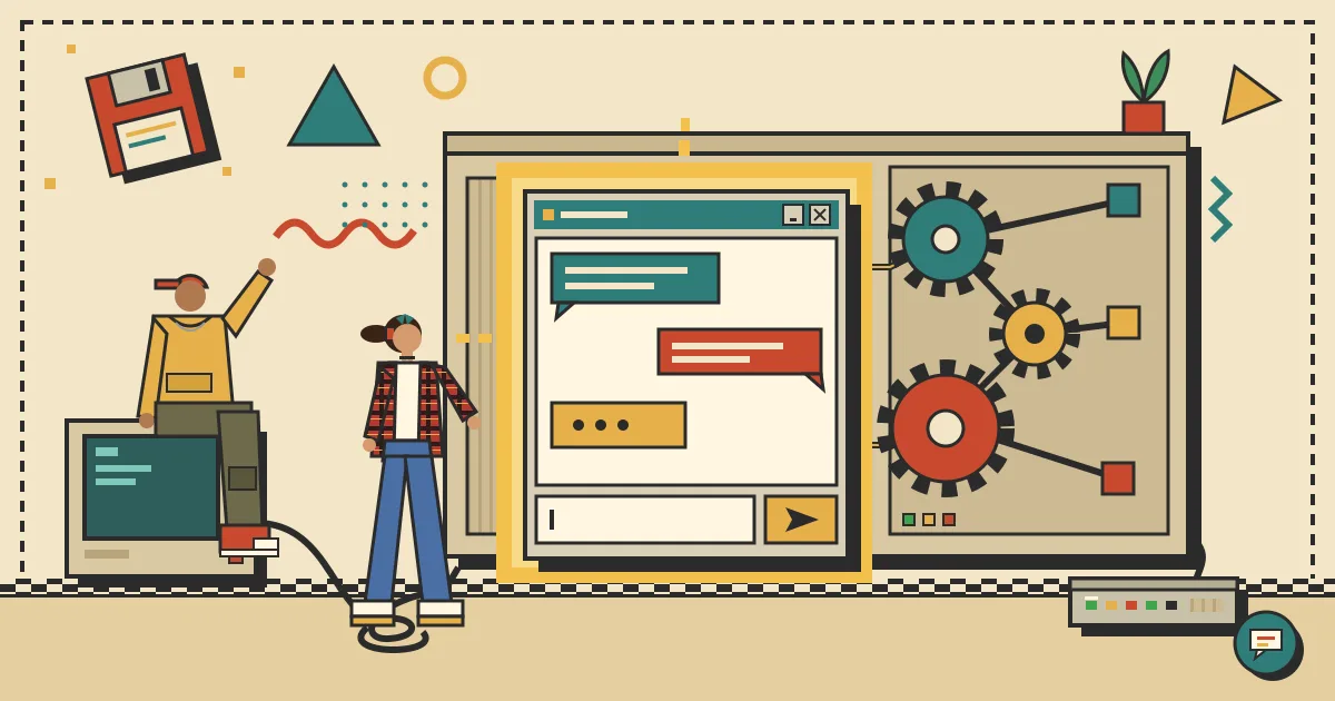 A flat-style illustration of a glowing chat window acting as the front door of a modular automation machine, with connected gears and nodes behind it and small