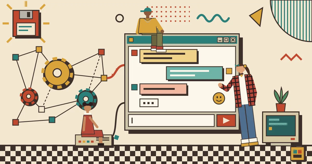 A flat illustration of a complex web of connected automation nodes and gears on one side, flowing into a clean, friendly chat window on the other side where