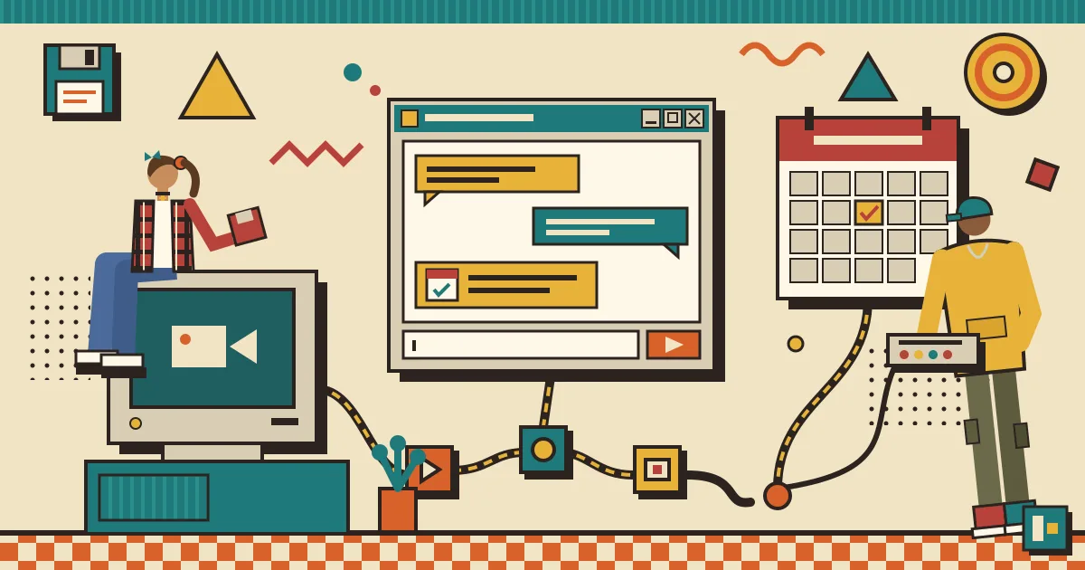 A friendly chat window floating beside a stylized calendar and a video call camera icon, connected by flowing lines to small app nodes representing an