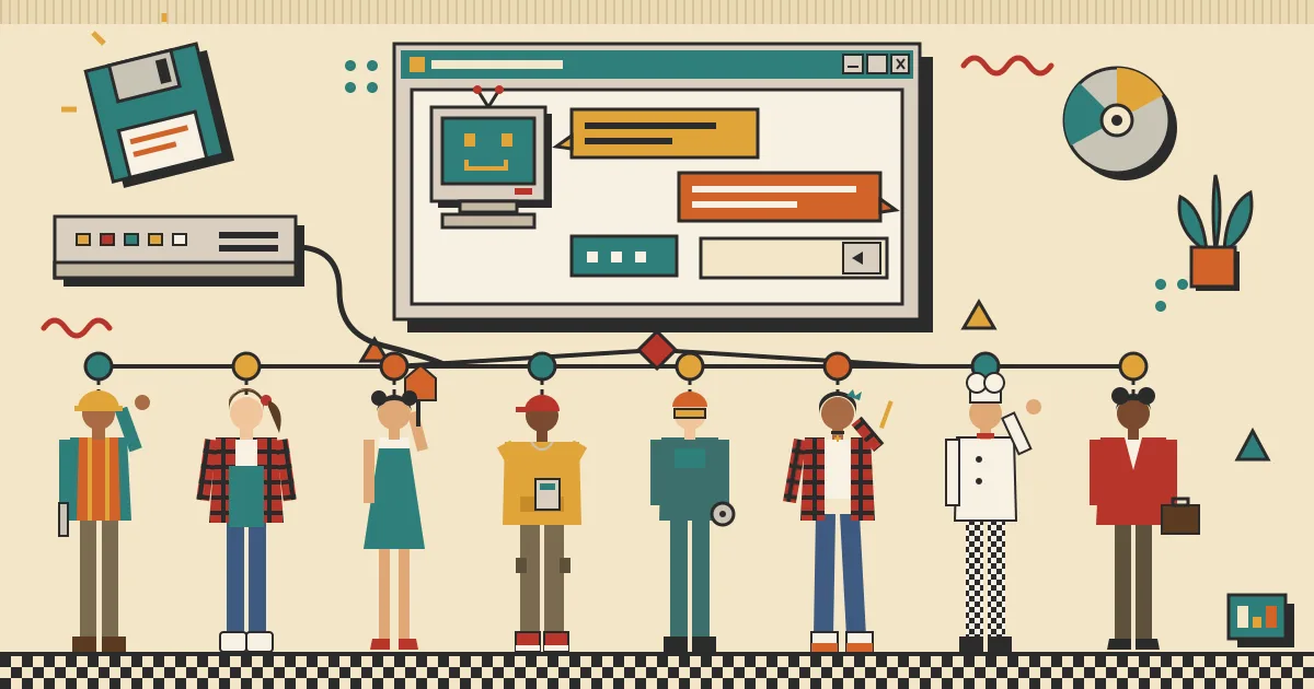 A flat illustration of eight small business owners, including a builder, shopkeeper, real estate agent, accountant, factory worker, designer, chef and