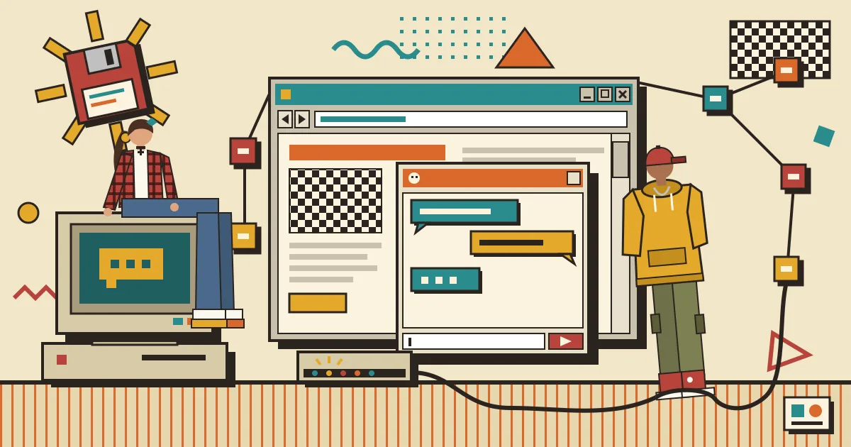 A flat-style illustration of a friendly chat window placed in front of a stylized browser with gears and connected workflow nodes behind it, symbolizing a