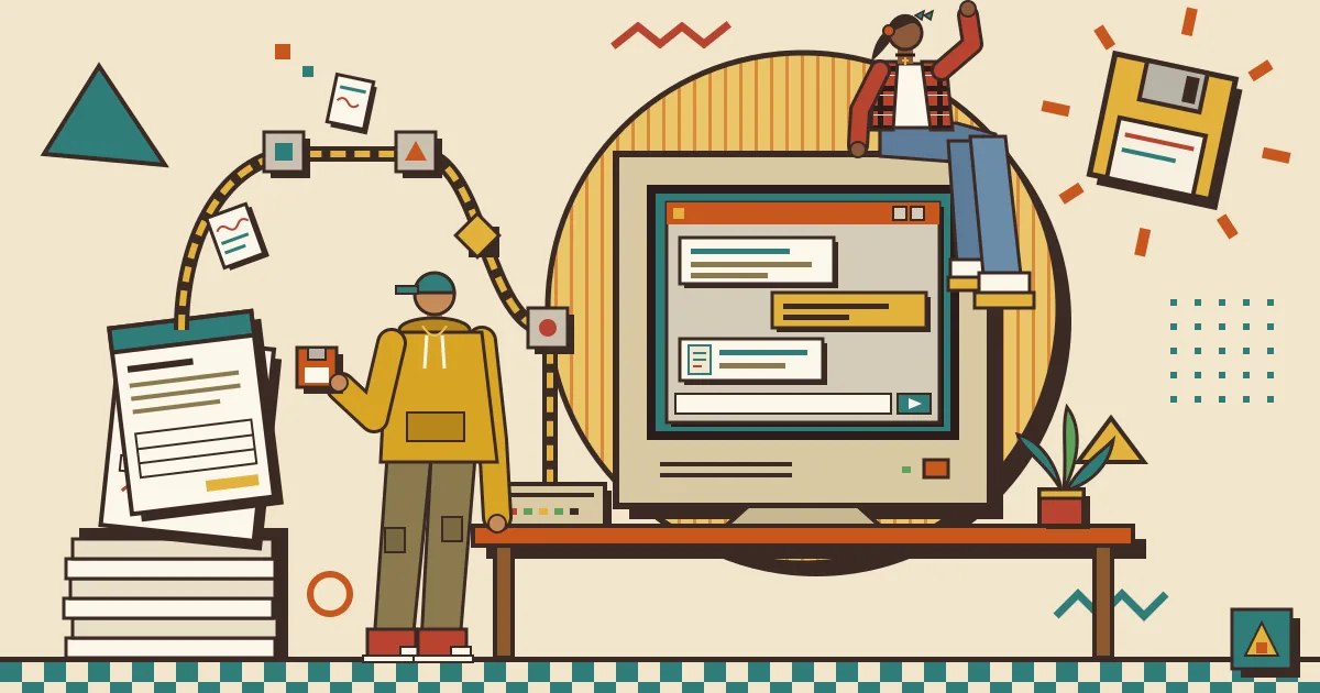 A stack of scanned invoices and handwritten forms flowing through a stylized automation pipeline of connected nodes into a clean, friendly chat window on a