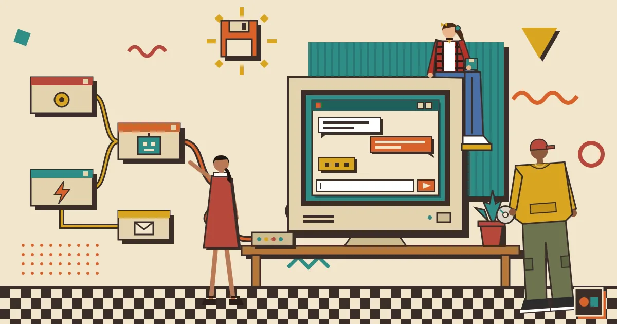 A flat illustration of an automation workflow made of connected nodes on the left flowing into a sleek, friendly chat window on the right, with people of