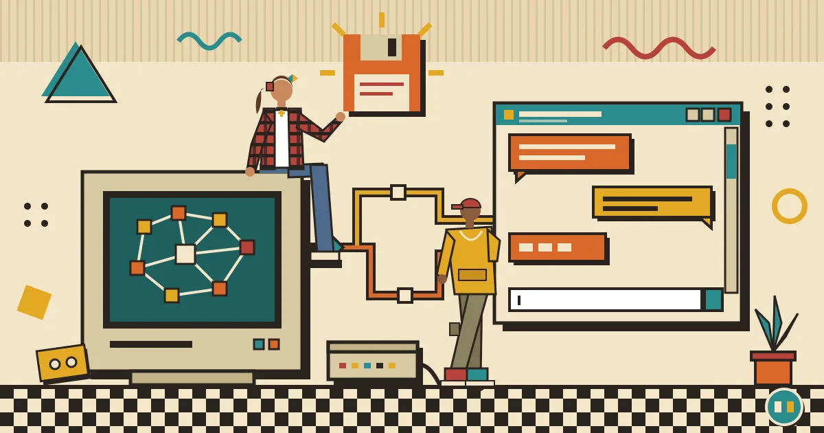 A stylized illustration of an AI agent shown as a glowing brain of interconnected workflow nodes on one side, linked by a clean bridge to a sleek chat window