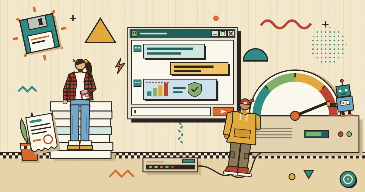 A friendly chat window floating beside a stack of invoices and a gauge needle approaching its limit, with a small robot assistant gently holding the needle