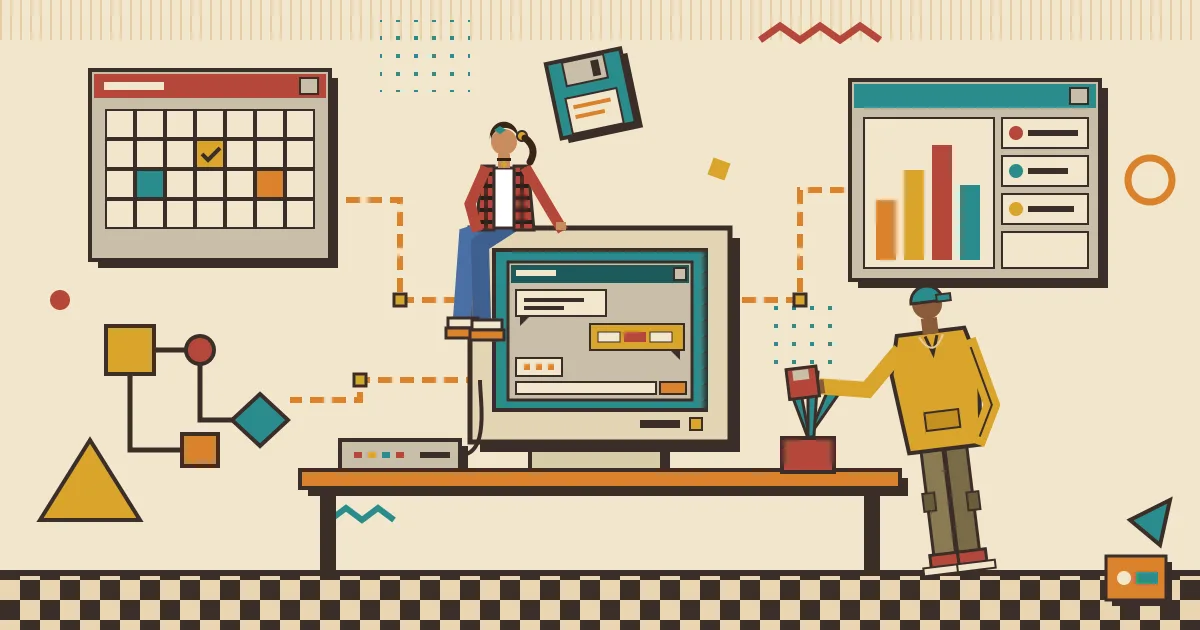 A friendly chat window on a laptop screen connected by glowing lines to a calendar, workflow nodes and a CRM dashboard, illustrated in a clean flat style with