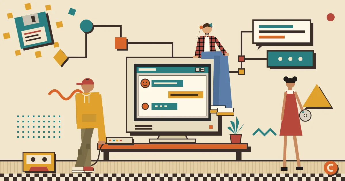 A small business team gathered around a laptop showing a friendly chat window, with abstract workflow nodes and connecting lines flowing from behind the screen