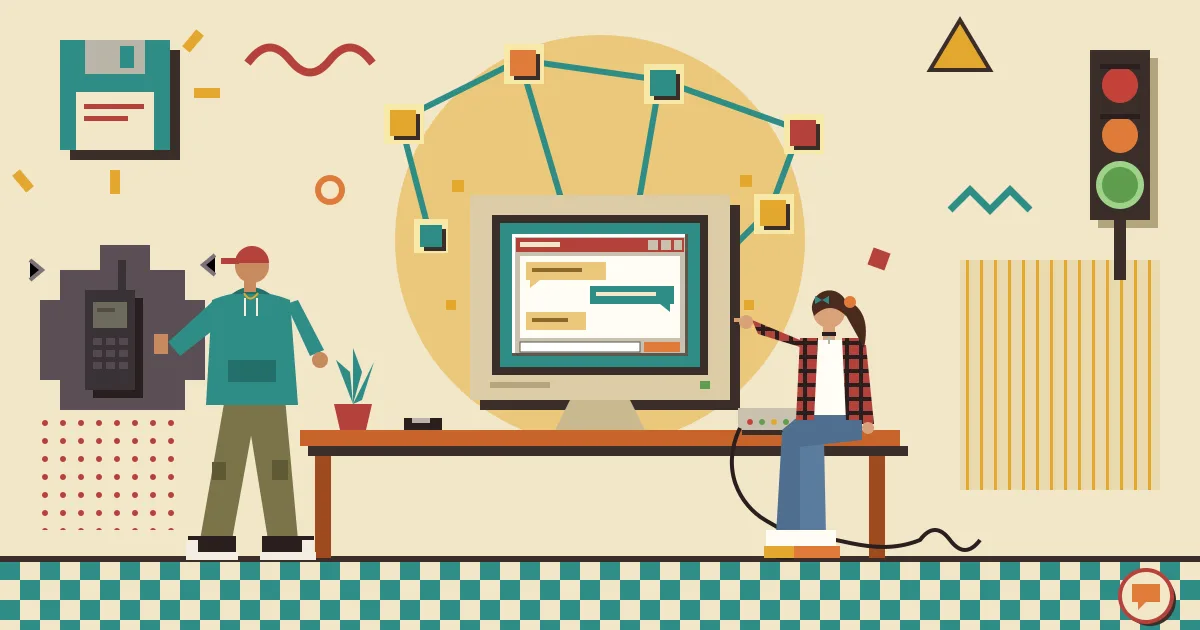 A flat-style illustration of an office worker turning away from a dim, shadowy smartphone toward a bright, welcoming chat window on a laptop, with workflow