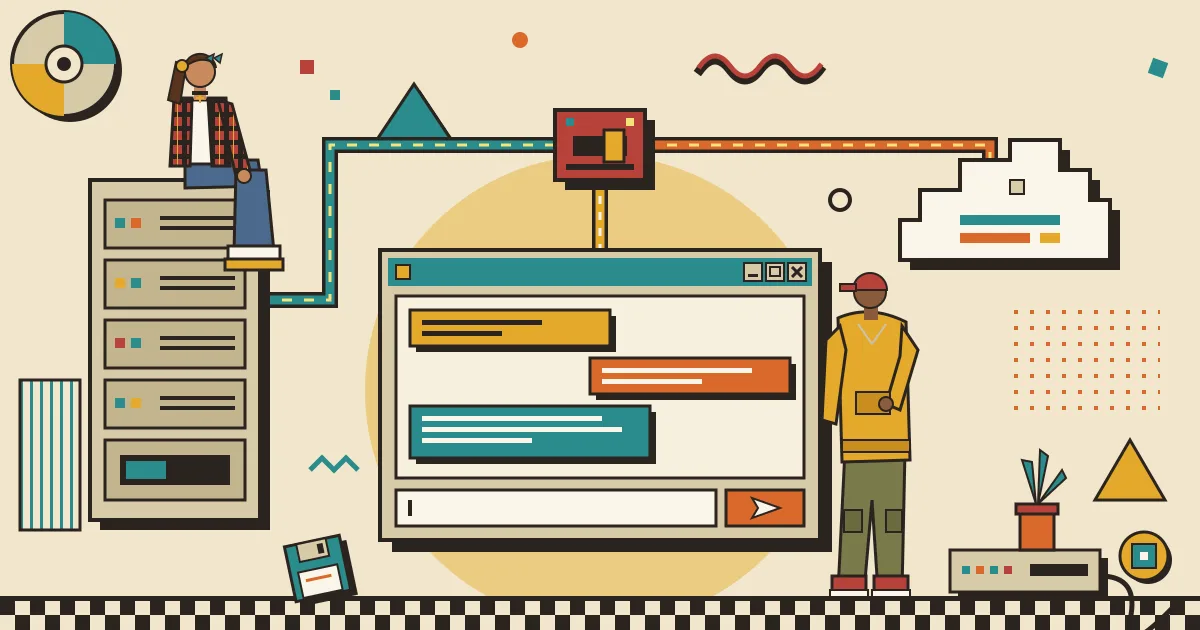 A stylized illustration of a chat window in the foreground connected by glowing lines to two paths behind it, one leading to a local server rack and the other