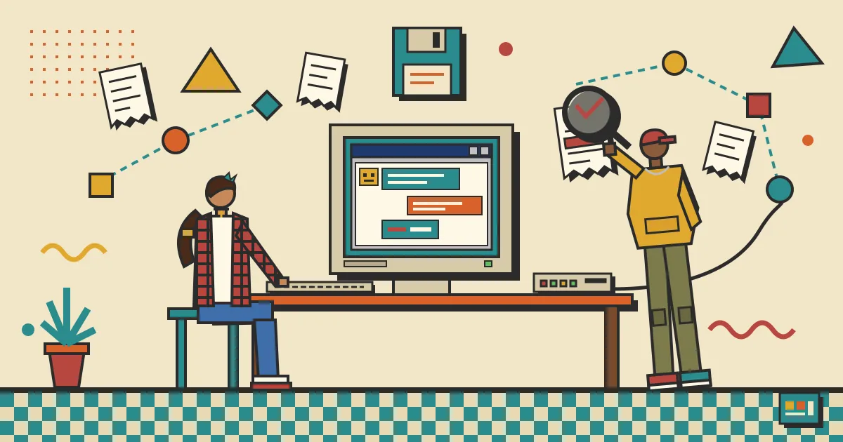 A finance reviewer at a desk chatting with a friendly AI assistant on a laptop screen, surrounded by floating receipts, a magnifying glass highlighting a