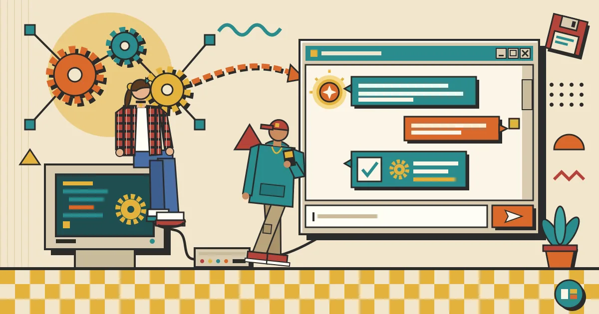 A flat-style illustration of interconnected automation nodes and gears on the left flowing into a clean, friendly chat window on the right, where a person is