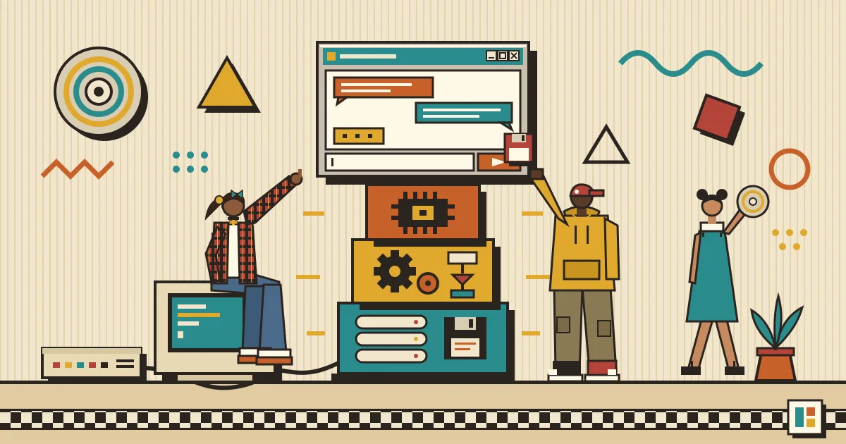 A flat-style illustration of an open, modular stack of glowing building blocks representing models, data and automation workflows, topped by a clean chat window