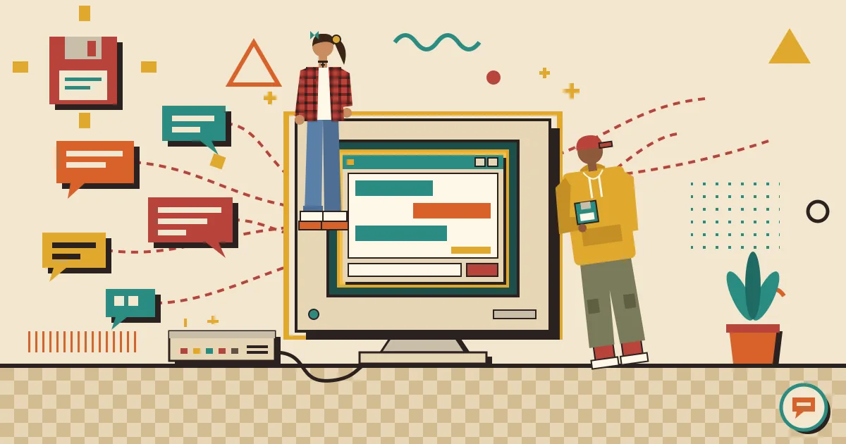 A flat-style illustration of several scattered chat bubbles and automation gears flowing together into a single clean, glowing chat window on a laptop screen.