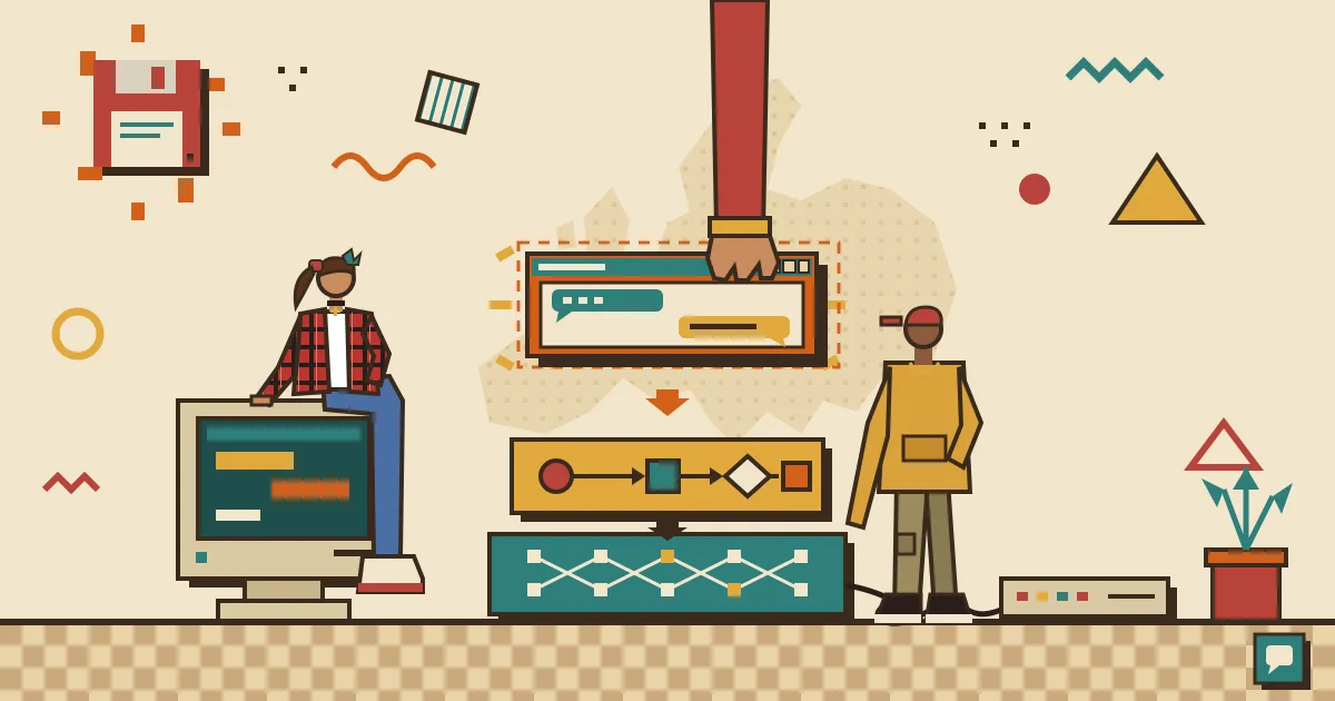 A stylized illustration of a modular AI stack shown as three stacked glowing layers (model, workflow, chat interface), with the top chat-bubble layer