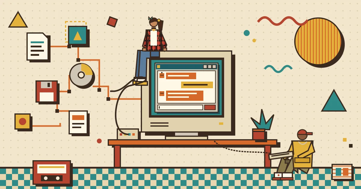 An illustration of a glowing network of interconnected documents and app icons flowing into a friendly chat window on a laptop screen, where a person is