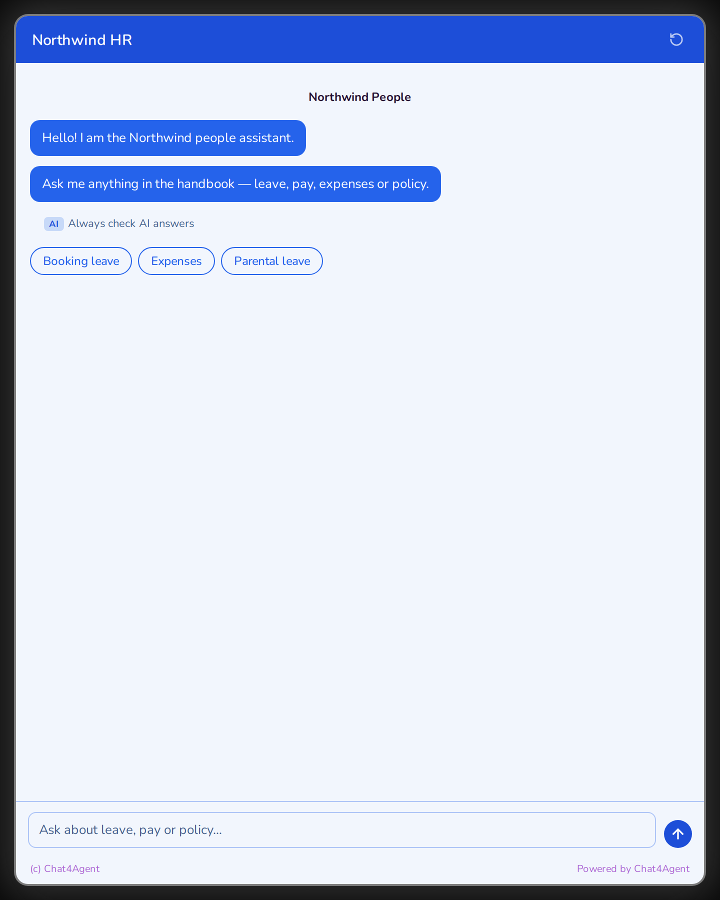 An internal HR assistant in blue, on a hosted page kept private behind an access password