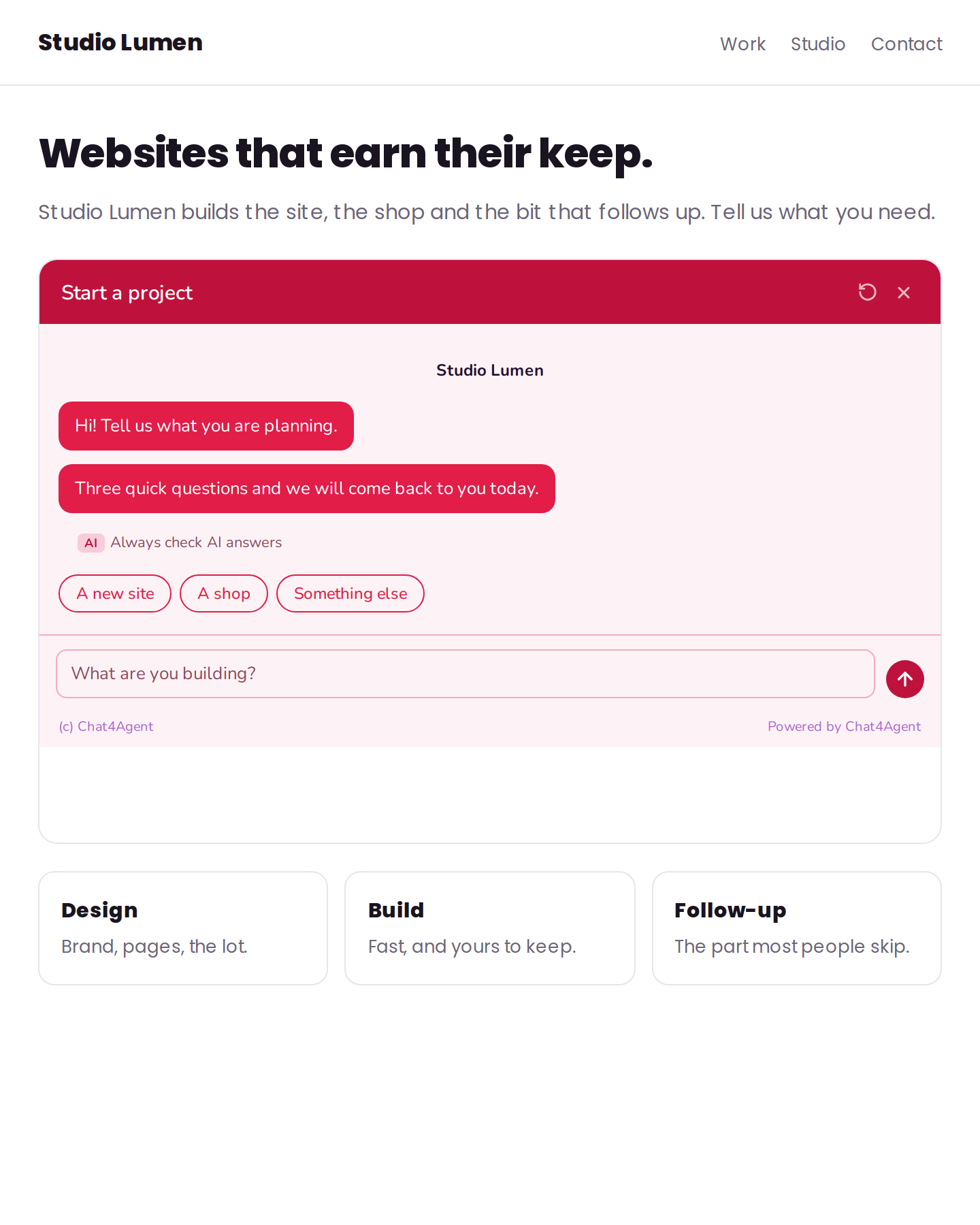 A lead qualifier in rose, embedded inline in a landing page rather than floating over it
