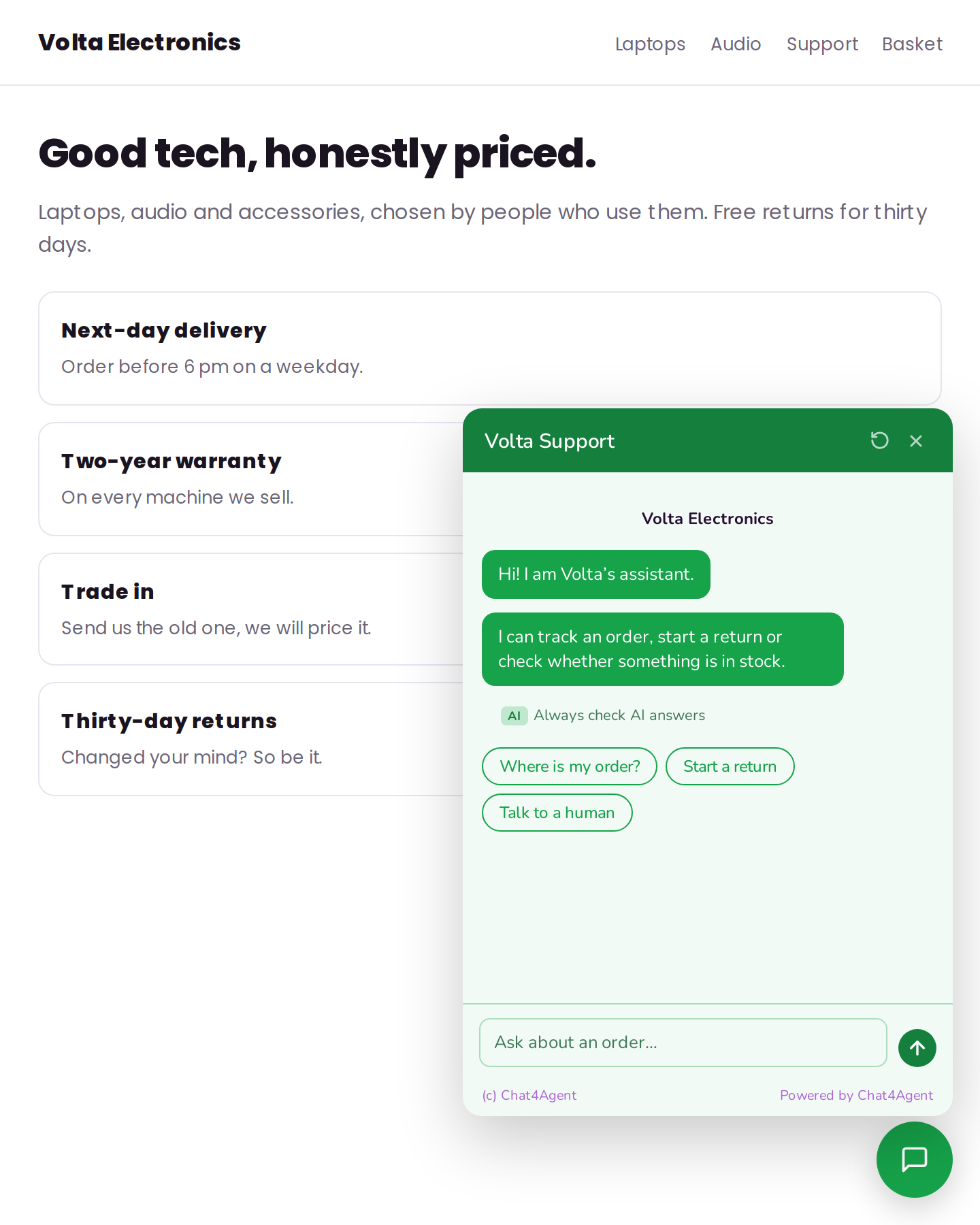A store support chat in green, opened from the floating button on the shop’s own site